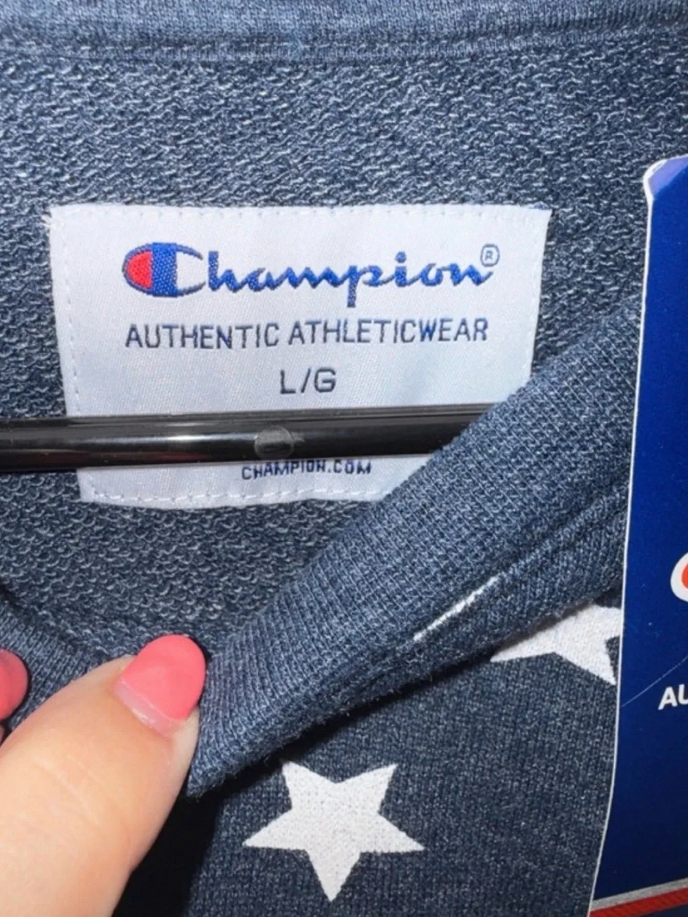 NWT Champion Navy Allover Logo & Star Print Crewneck Sweatshirt Large